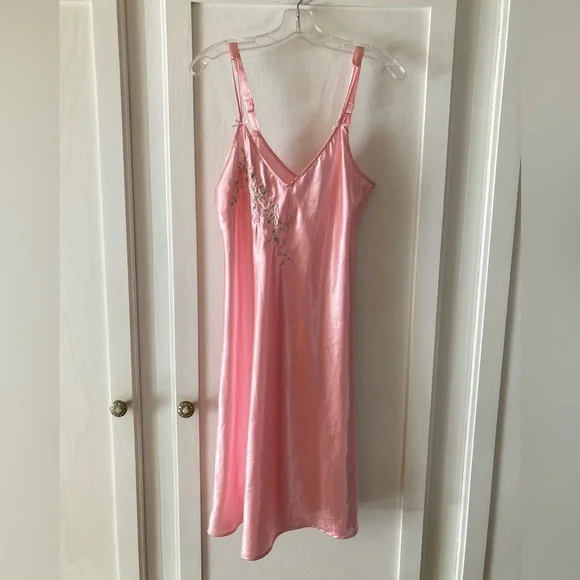 VTG Michael P. Pink Satin Slip Nightgown with Floral Accent - Picture 1 of 6